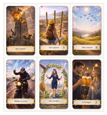 Samtid. Norske tarotkort, moderne tarotkort med norsk tekst.